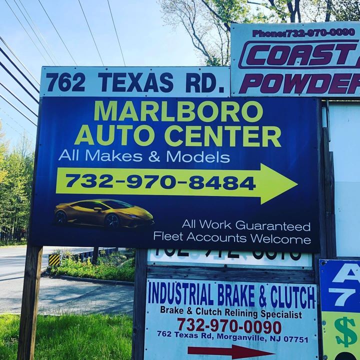 Roadside sign: 762 Texas Rd, Marlboro Auto Center, 732-970-8484